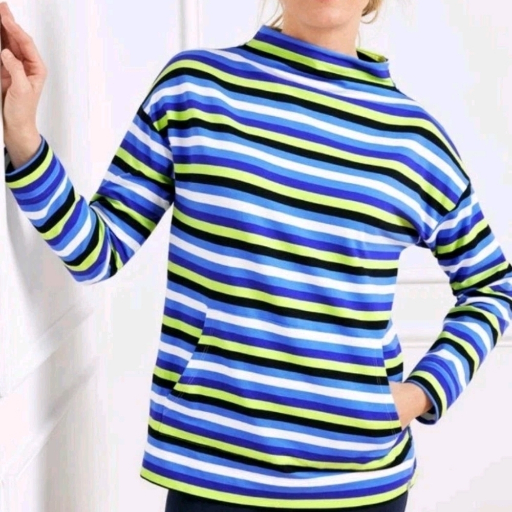 T by Talbots Women's Button Detail Pullover Chalet Stripe Size L